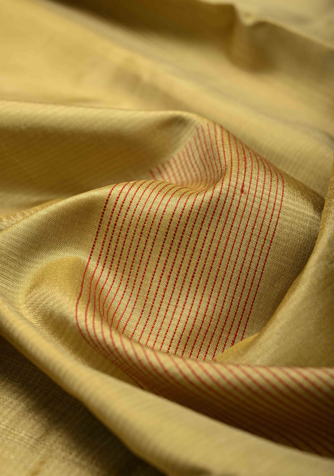 Light Olive Green Borderless Handloom Pure Silk Kanchi Saree With Buttas and Thread Stripes | SILK MARK CERTIFIED