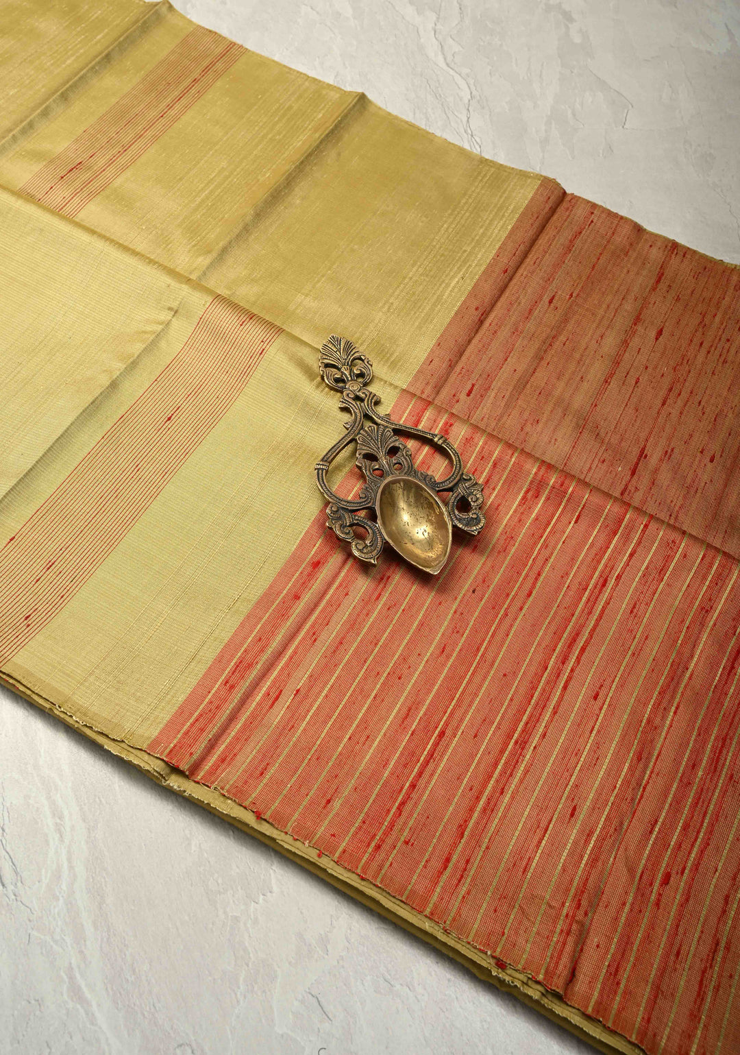 Light Olive Green Borderless Handloom Pure Silk Kanchi Saree With Buttas and Thread Stripes | SILK MARK CERTIFIED