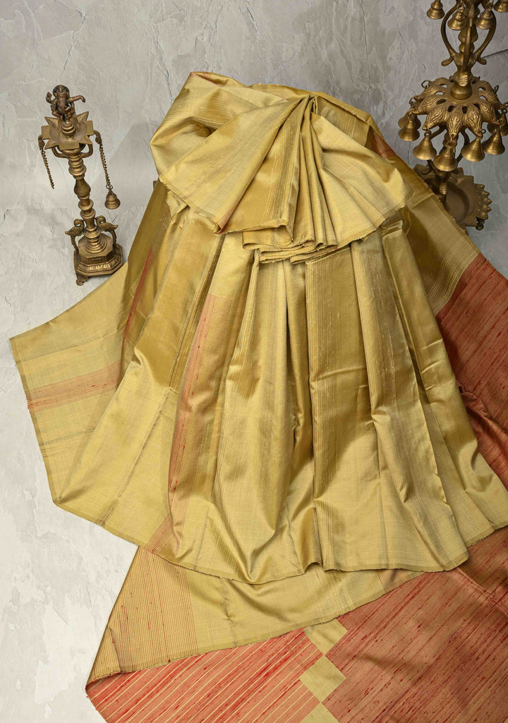 Light Olive Green Borderless Handloom Pure Silk Kanchi Saree With Buttas and Thread Stripes | SILK MARK CERTIFIED