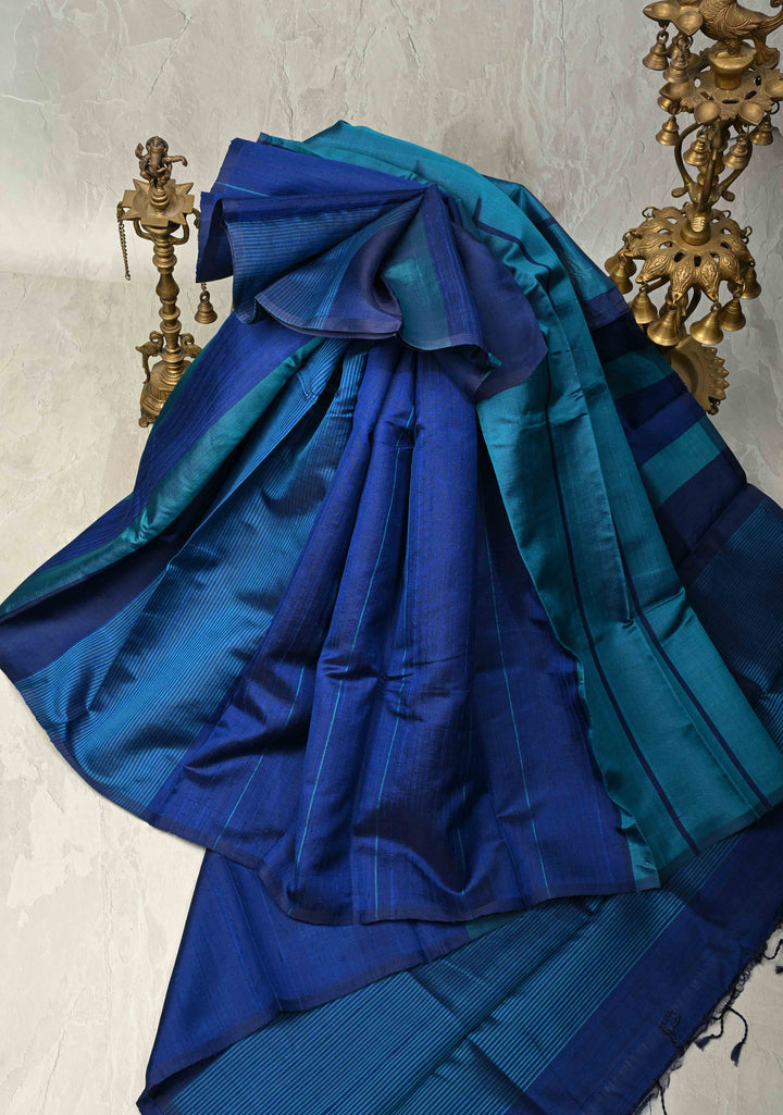 Shades of Blue  Borderless Handwoven Pure Silk Saree With Stripes Pattern | SILK MARK CERTIFIED