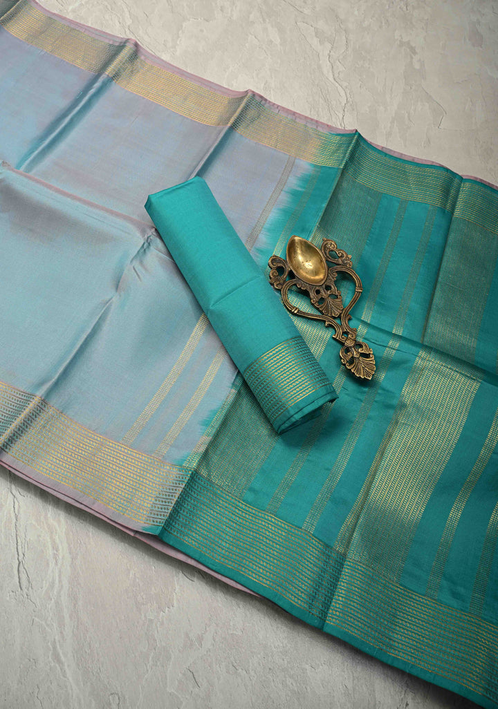 Metallic Blue Dual Tone Pure Silk Saree With Zari Border | SILK MARK CERTIFIED