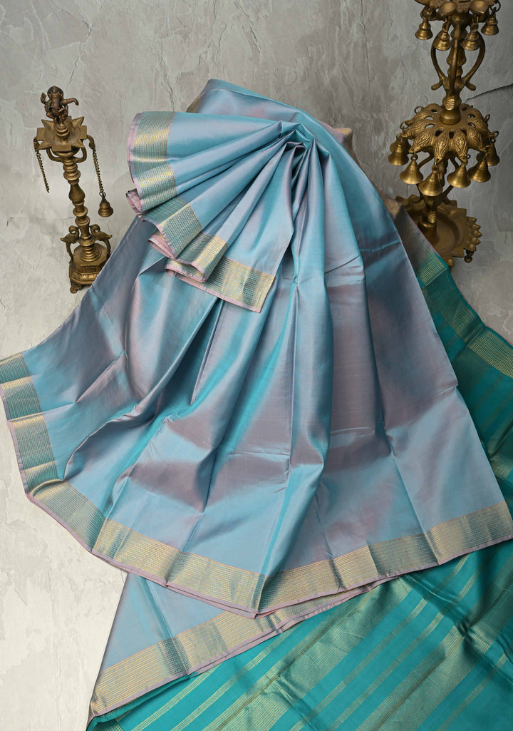 Metallic Blue Dual Tone Pure Silk Saree With Zari Border | SILK MARK CERTIFIED
