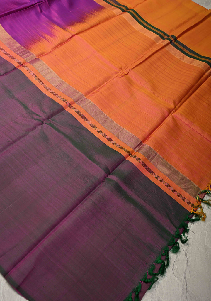 Orange-Purple-Pure Silk Saree with Pinned stripes Zari Work | SILK MARK CERTIFIED
