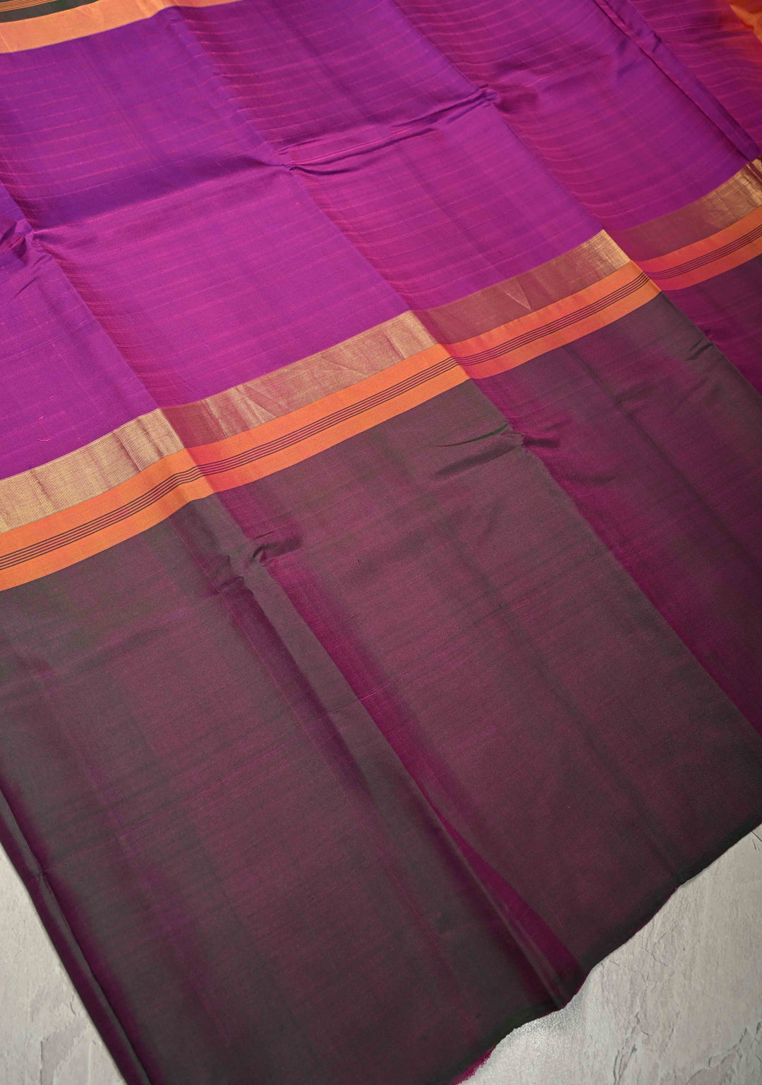 Orange-Purple-Pure Silk Saree with Pinned stripes Zari Work | SILK MARK CERTIFIED