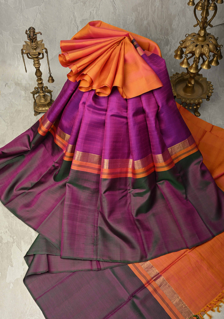 Orange-Purple-Pure Silk Saree with Pinned stripes Zari Work | SILK MARK CERTIFIED