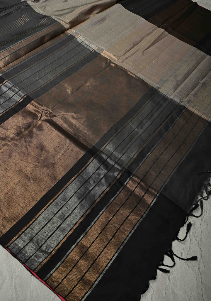 Black-Gray Borderless Handloom Pure Silk Saree with Vairaoosi Zari Stripes and Panel Design | SILK MARK CERTIFIED | SHOBITAM