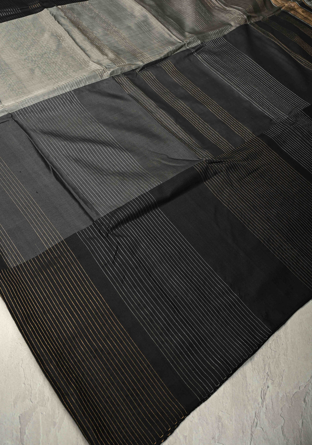 Black-Gray Borderless Handloom Pure Silk Saree with Vairaoosi Zari Stripes and Panel Design | SILK MARK CERTIFIED | SHOBITAM