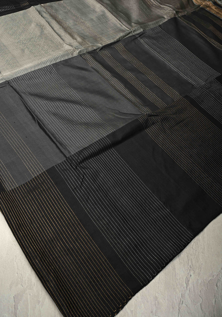 Black-Gray Borderless Handloom Pure Silk Saree with Vairaoosi Zari Stripes and Panel Design | SILK MARK CERTIFIED | SHOBITAM