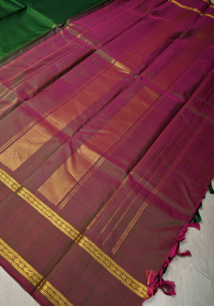 Bottle Green Handloom Pure Silk Saree with Contrast Rettaipet Zari Border | SILK MARK CERTIFIED