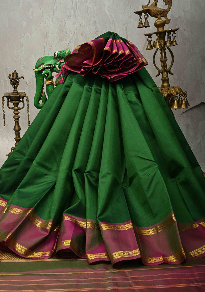Bottle Green Handloom Pure Silk Saree with Contrast Rettaipet Zari Border | SILK MARK CERTIFIED