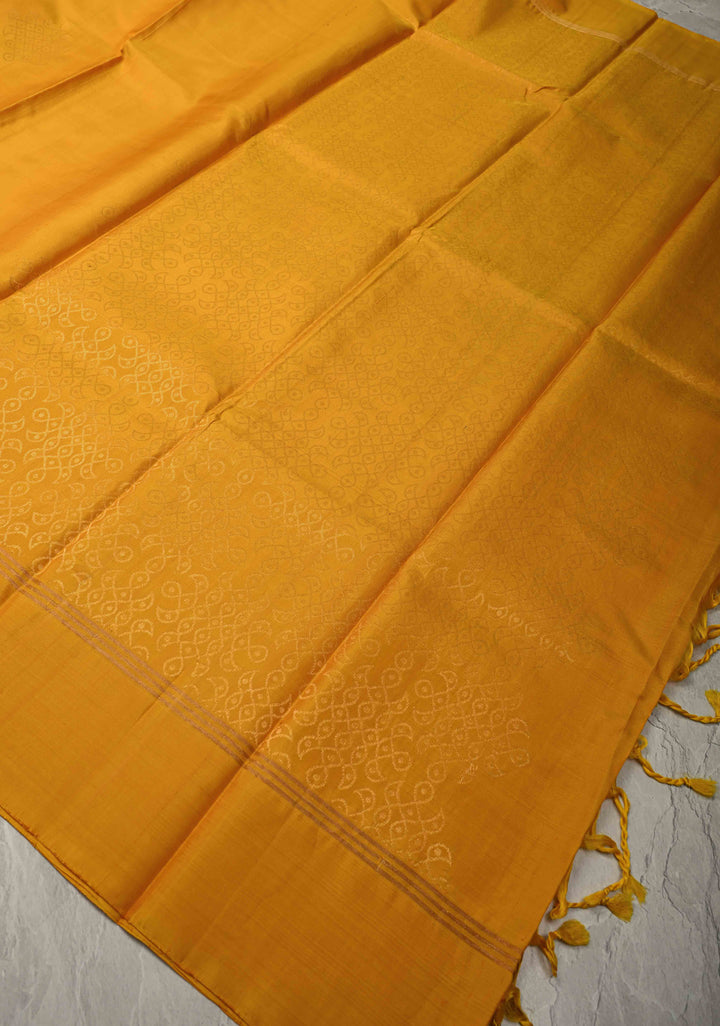 Mustard Yellow Handloom Pure Silk Saree with Kolam Buttas and Border | SILK MARK CERTIFIED