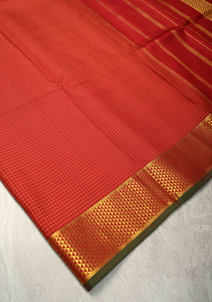 Bright Maroon Handwoven Pure Silk Saree with Thread Checks and Biscuit Zari Border  | SILK MARK CERTIFIED