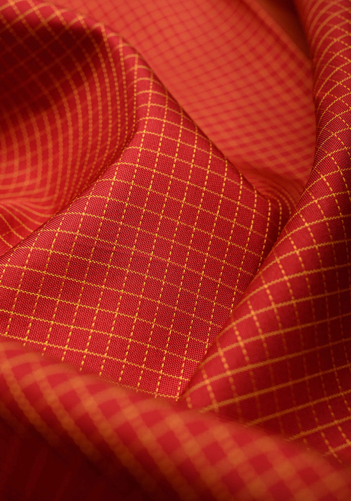 Bright Maroon Handwoven Pure Silk Saree with Thread Checks and Biscuit Zari Border  | SILK MARK CERTIFIED