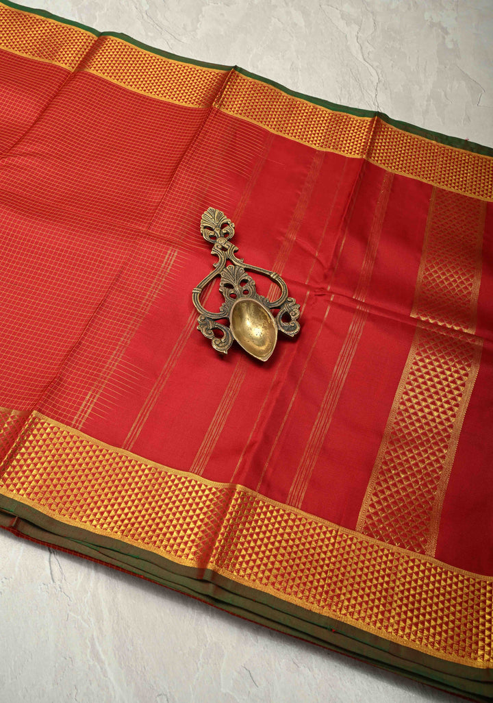 Bright Maroon Handwoven Pure Silk Saree with Thread Checks and Biscuit Zari Border  | SILK MARK CERTIFIED