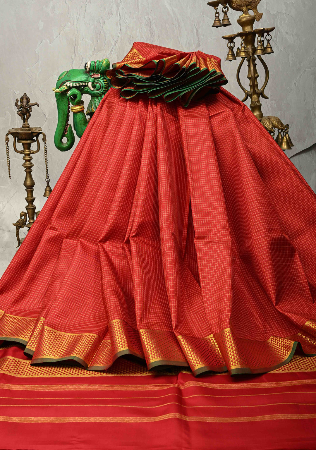 Bright Maroon Handwoven Pure Silk Saree with Thread Checks and Biscuit Zari Border  | SILK MARK CERTIFIED