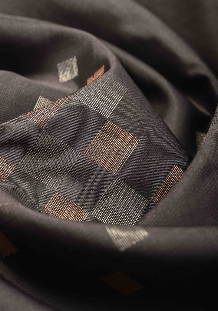 Gray Borderless Handwoven Pure Silk Saree With Squared Design | SILK MARK CERTIFIED | SHOBITAM