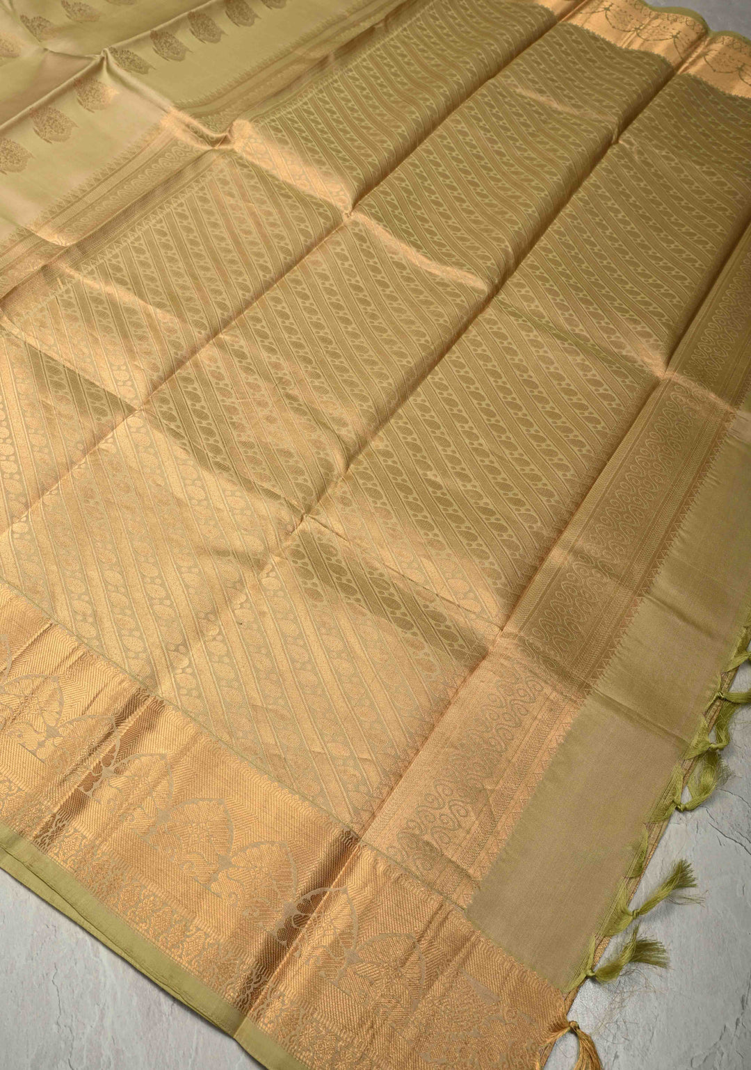 Khaki Handloom Pure Silk Kanjivaram Saree with Zari Buttas and Zari Border | SILK MARK CERTIFIED