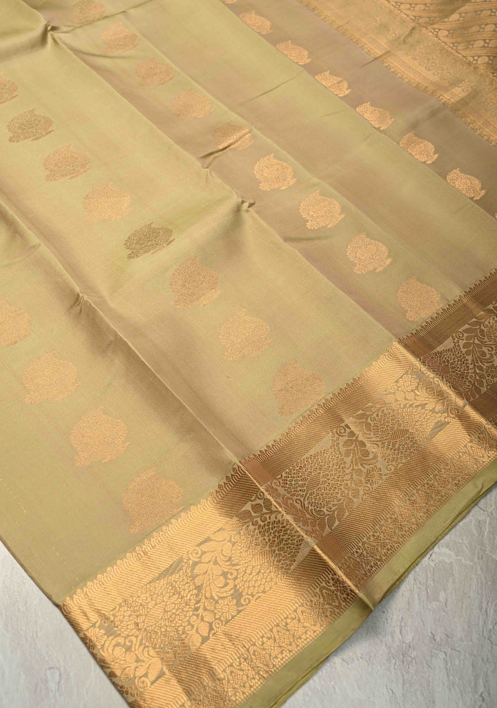 Khaki Handloom Pure Silk Kanjivaram Saree with Zari Buttas and Zari Border | SILK MARK CERTIFIED