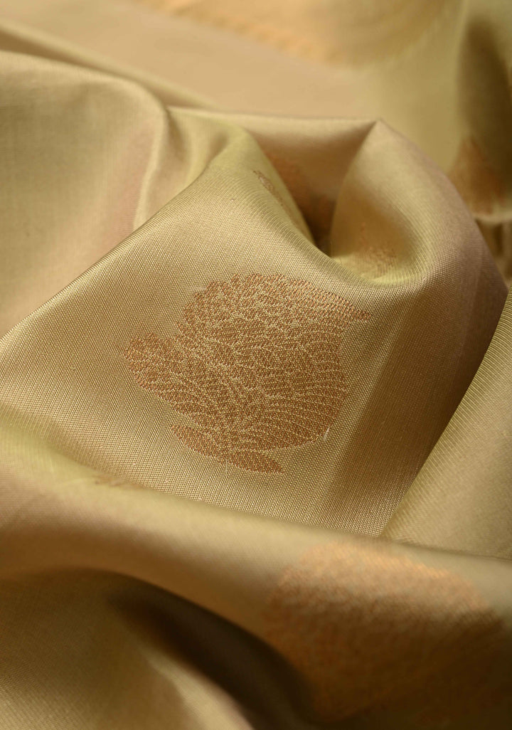Khaki Handloom Pure Silk Kanjivaram Saree with Zari Buttas and Zari Border | SILK MARK CERTIFIED