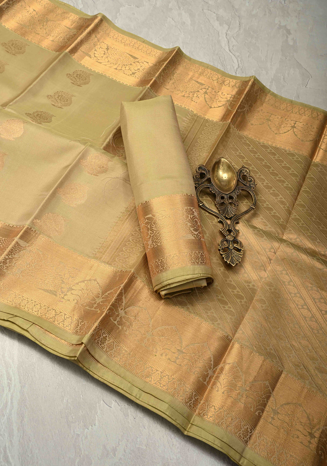 Khaki Handloom Pure Silk Kanjivaram Saree with Zari Buttas and Zari Border | SILK MARK CERTIFIED