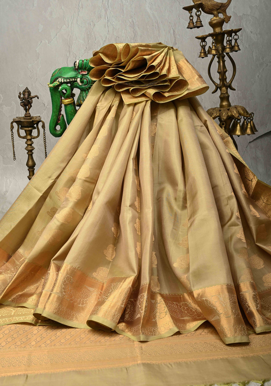 Khaki Handloom Pure Silk Kanjivaram Saree with Zari Buttas and Zari Border | SILK MARK CERTIFIED