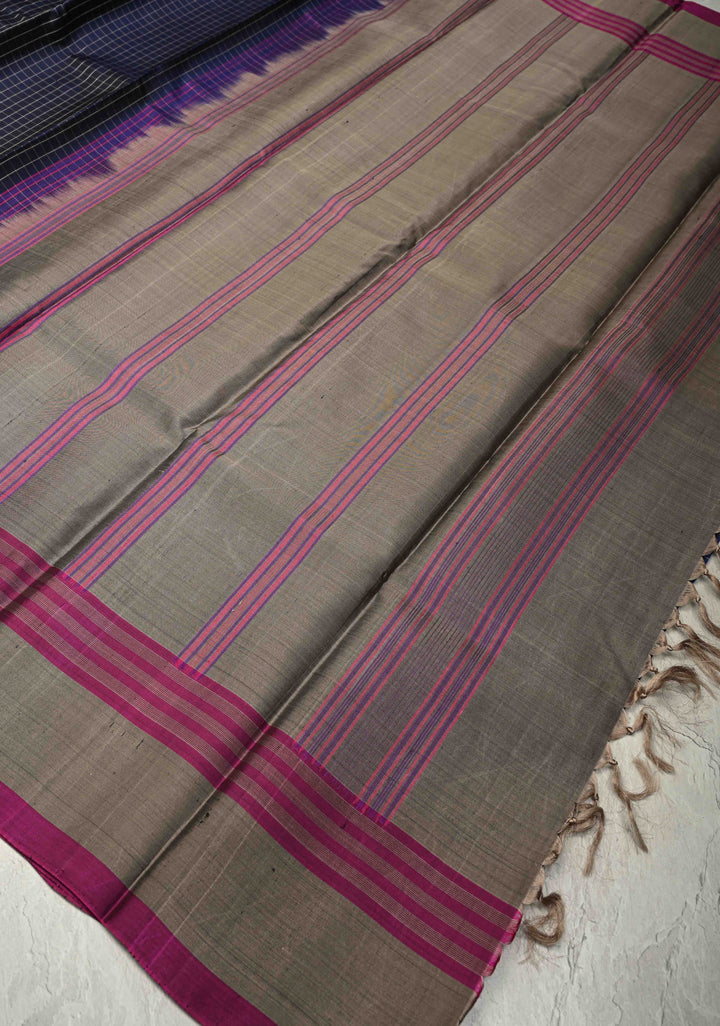 Navy Blue Handloom Pure Silk Kanchi Saree with Checks Pattern and Contrast Border | SILK MARK CERTIFIED