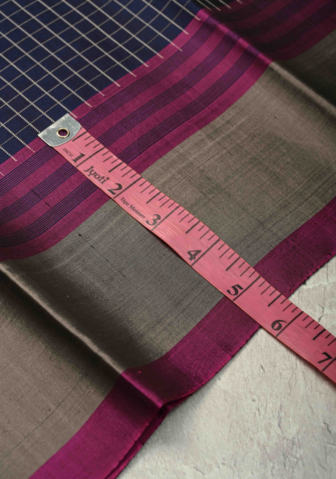 Navy Blue Handloom Pure Silk Kanchi Saree with Checks Pattern and Contrast Border | SILK MARK CERTIFIED