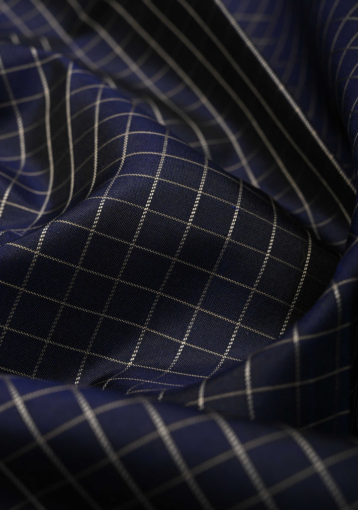 Navy Blue Handloom Pure Silk Kanchi Saree with Checks Pattern and Contrast Border | SILK MARK CERTIFIED