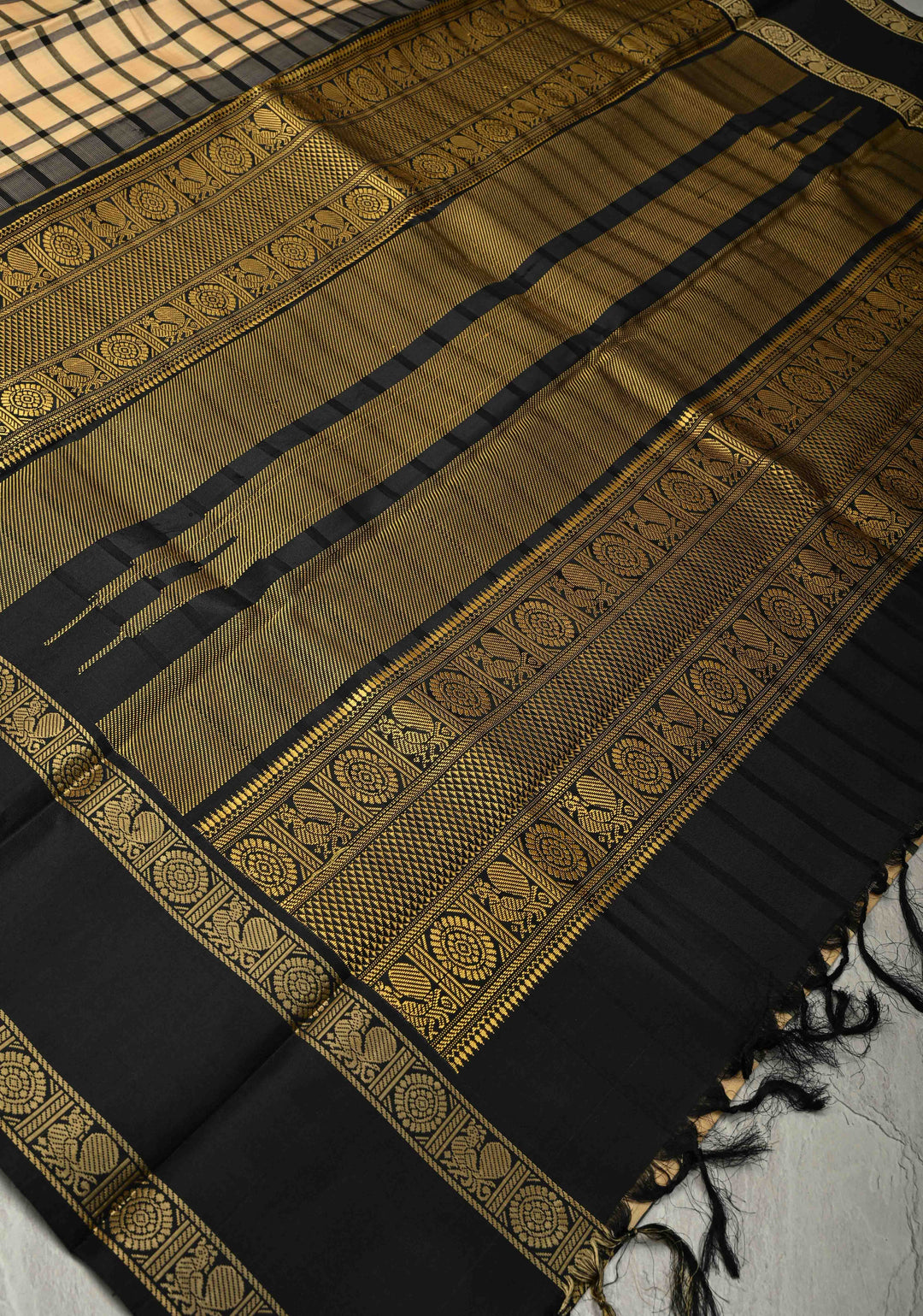Cream Checks Handloom Pure Silk Saree with Temple Rettaipet Zari Less Thread work Border | SILK MARK CERTIFIED