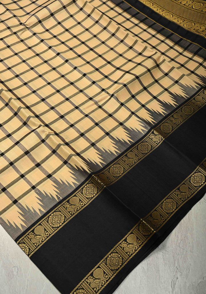 Cream Checks Handloom Pure Silk Saree with Temple Rettaipet Zari Less Thread work Border | SILK MARK CERTIFIED