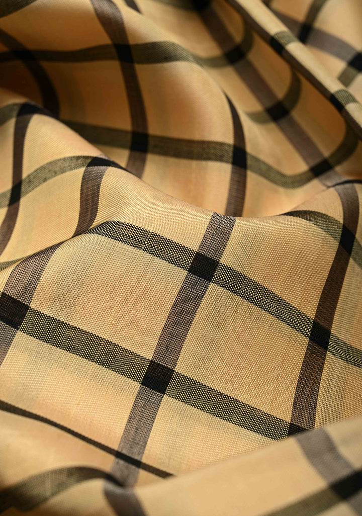 Cream Checks Handloom Pure Silk Saree with Temple Rettaipet Zari Less Thread work Border | SILK MARK CERTIFIED