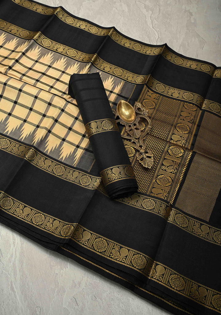 Cream Checks Handloom Pure Silk Saree with Temple Rettaipet Zari Less Thread work Border | SILK MARK CERTIFIED