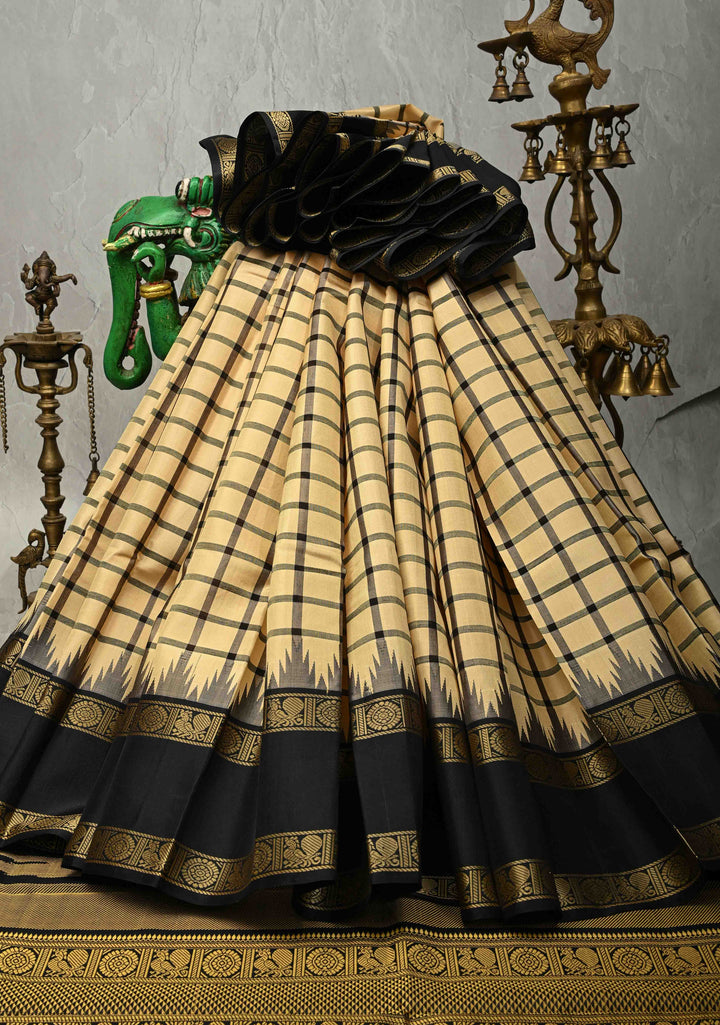 Cream Checks Handloom Pure Silk Saree with Temple Rettaipet Zari Less Thread work Border | SILK MARK CERTIFIED