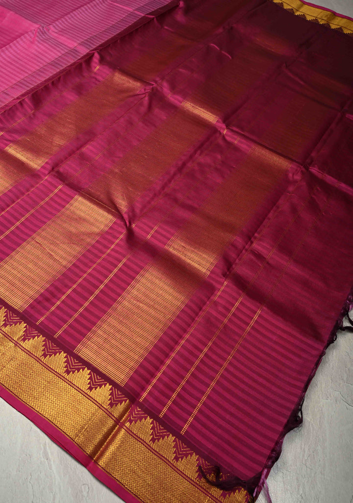 Shades of Pink Handloom Pure Silk Kanchi Saree with Running Stich and Temple Zari Border | SILK MARK CERTIFIED