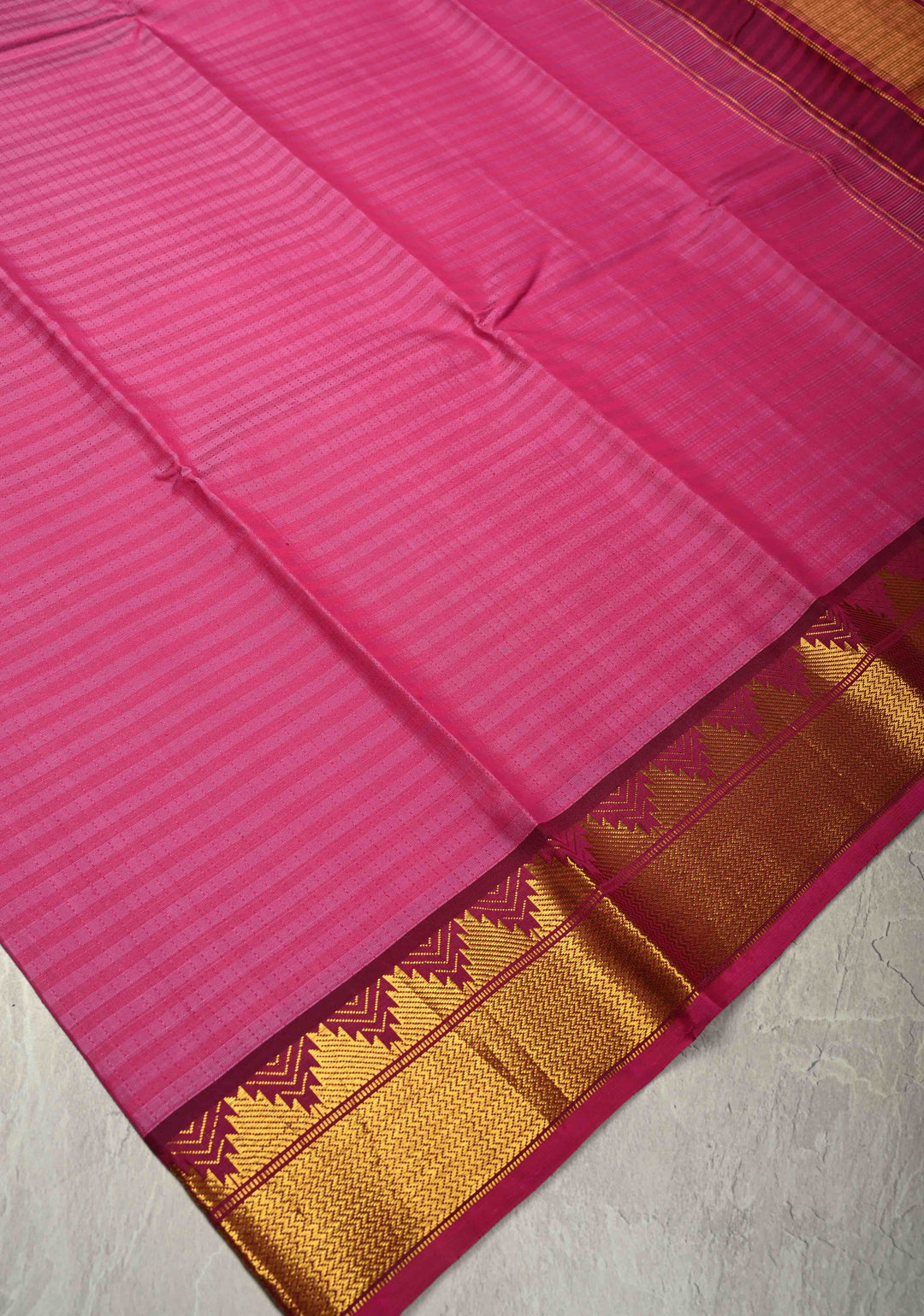 Shades of Pink Handloom Pure Silk Kanchi Saree with Running Stich and Temple Zari Border | SILK MARK CERTIFIED