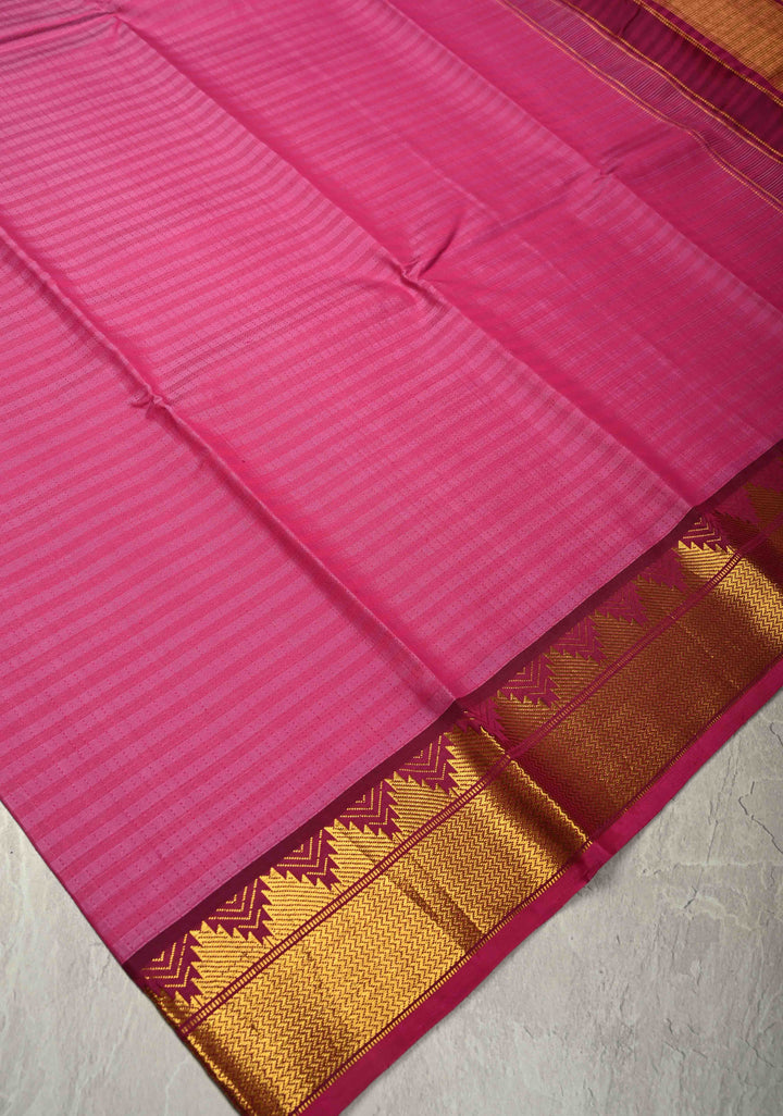 Shades of Pink Handloom Pure Silk Kanchi Saree with Running Stich and Temple Zari Border | SILK MARK CERTIFIED