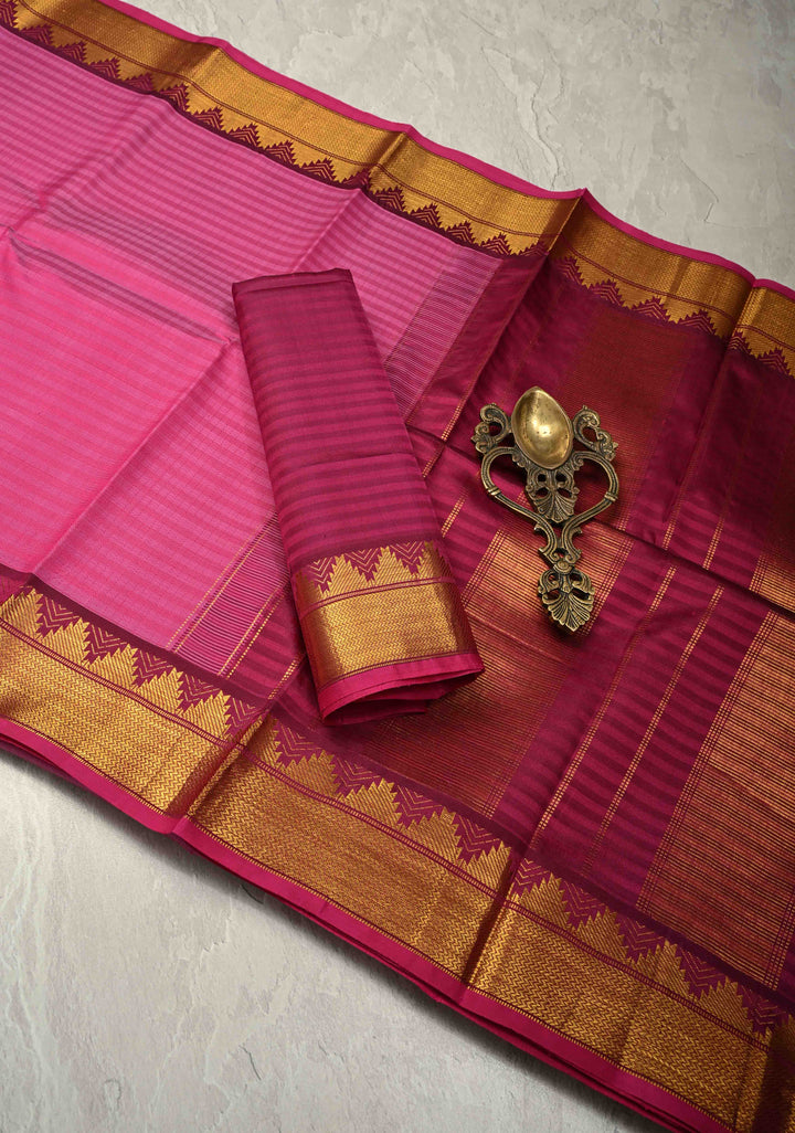 Shades of Pink Handloom Pure Silk Kanchi Saree with Running Stich and Temple Zari Border | SILK MARK CERTIFIED
