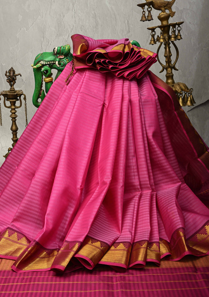Shades of Pink Handloom Pure Silk Kanchi Saree with Running Stich and Temple Zari Border | SILK MARK CERTIFIED