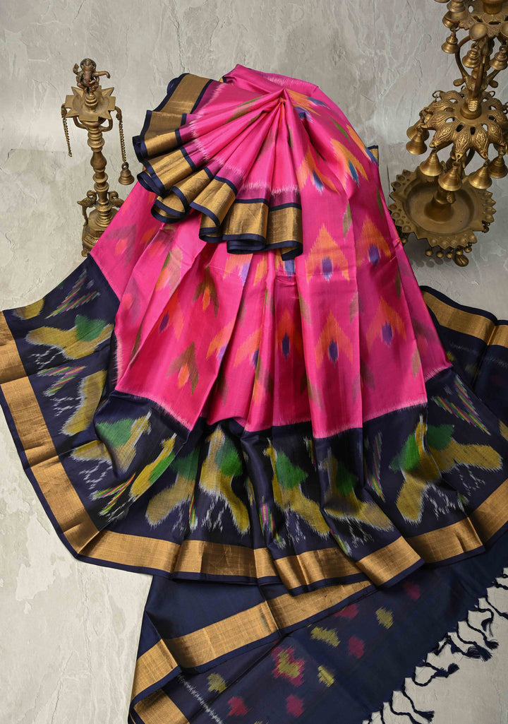 Pink Handloom Pure Soft Silk Pochampally Ikkat Saree with Birds Motifs on Panel Zari Border | SILK MARK CERTIFIED