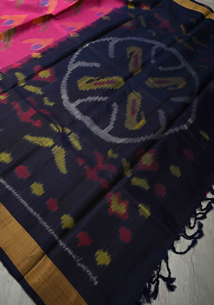 Pink Handloom Pure Soft Silk Pochampally Ikkat Saree with Birds Motifs on Panel Zari Border | SILK MARK CERTIFIED