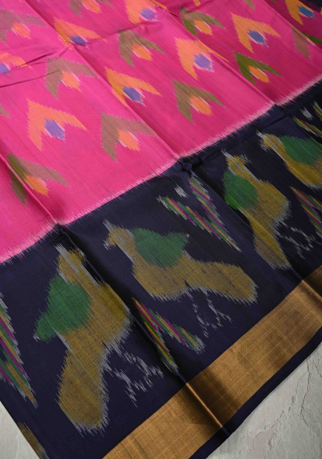 Pink Handloom Pure Soft Silk Pochampally Ikkat Saree with Birds Motifs on Panel Zari Border | SILK MARK CERTIFIED