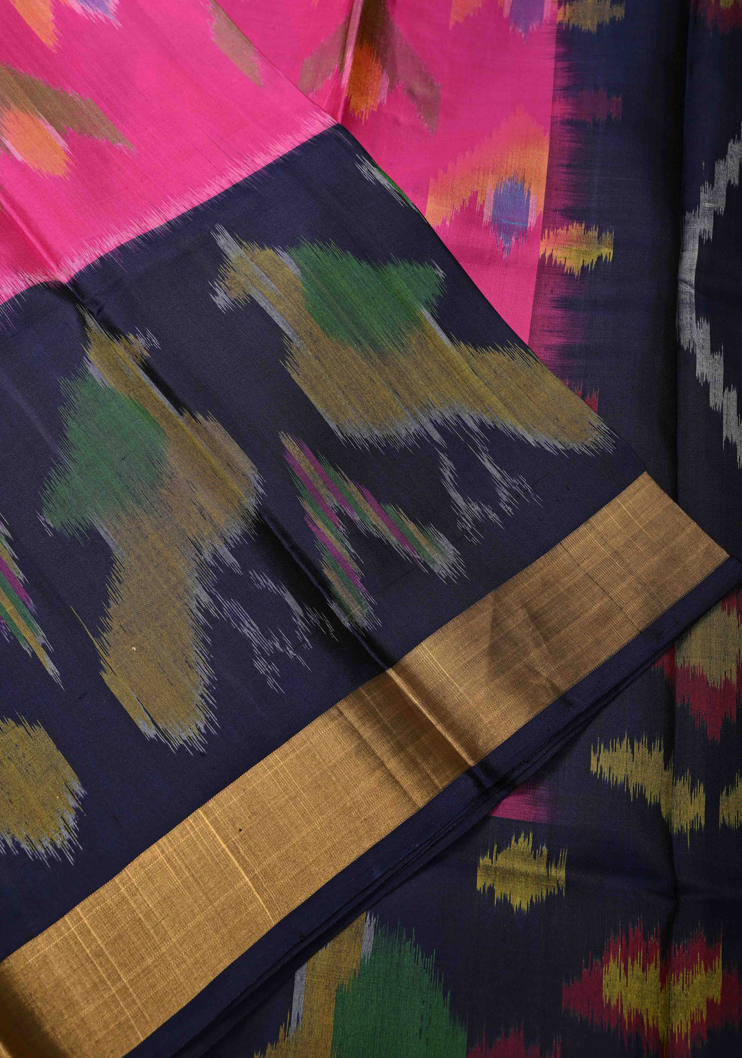 Pink Handloom Pure Soft Silk Pochampally Ikkat Saree with Birds Motifs on Panel Zari Border | SILK MARK CERTIFIED