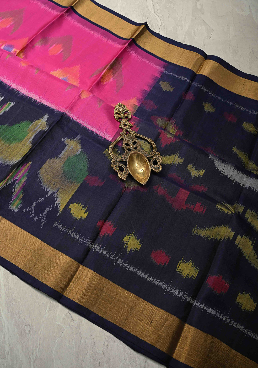 Pink Handloom Pure Soft Silk Pochampally Ikkat Saree with Birds Motifs on Panel Zari Border | SILK MARK CERTIFIED