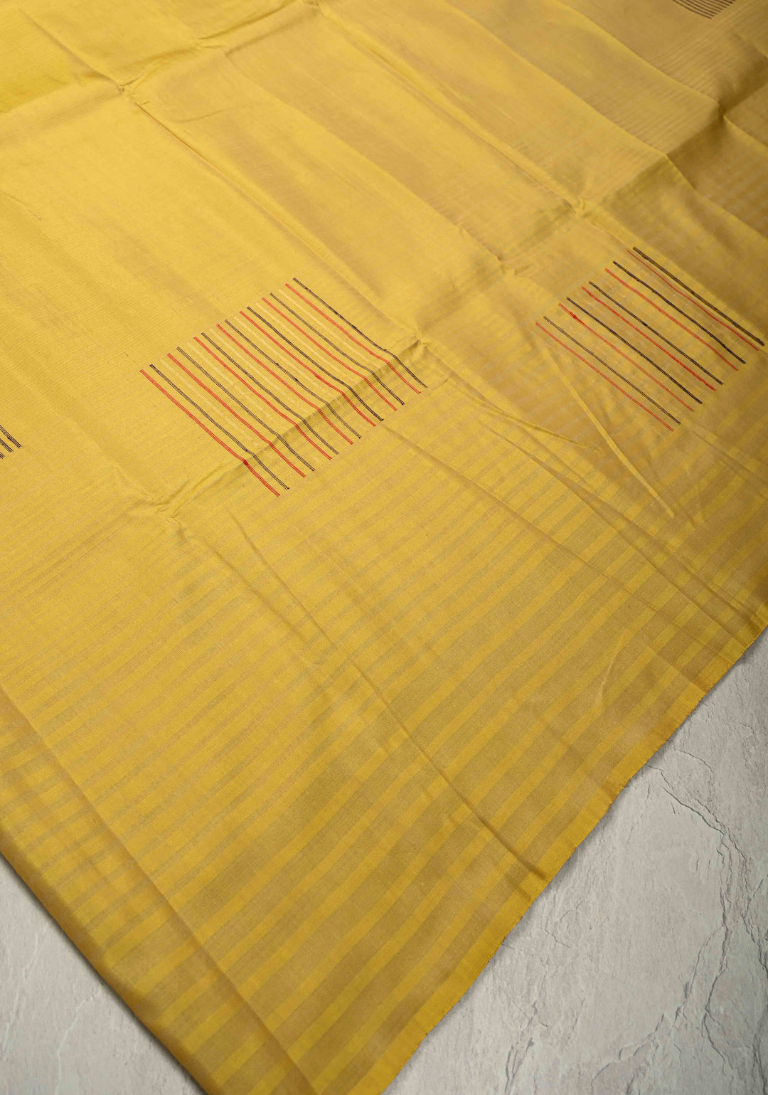 Mustard Yellow Boderless Handloom Pure Silk Kanchi Saree With Verticle Stripes | SILK MARK CERTIFIED