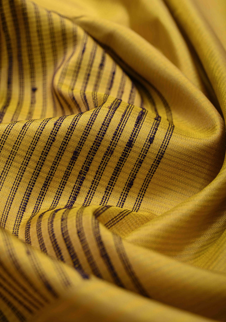 Mustard Yellow Boderless Handloom Pure Silk Kanchi Saree With Verticle Stripes | SILK MARK CERTIFIED