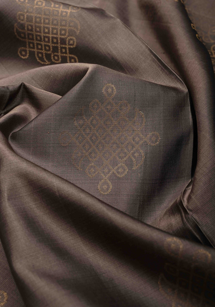 Brownish Gray Handloom Pure Silk Kanchi Saree with Kolam Buttas and Border | SILK MARK CERTIFIED