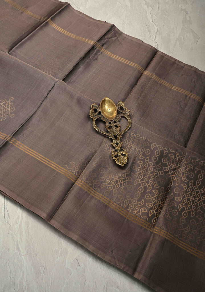 Brownish Gray Handloom Pure Silk Kanchi Saree with Kolam Buttas and Border | SILK MARK CERTIFIED