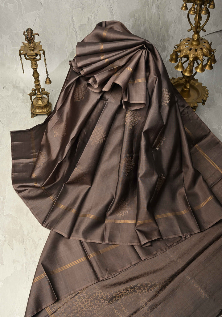 Brownish Gray Handloom Pure Silk Kanchi Saree with Kolam Buttas and Border | SILK MARK CERTIFIED