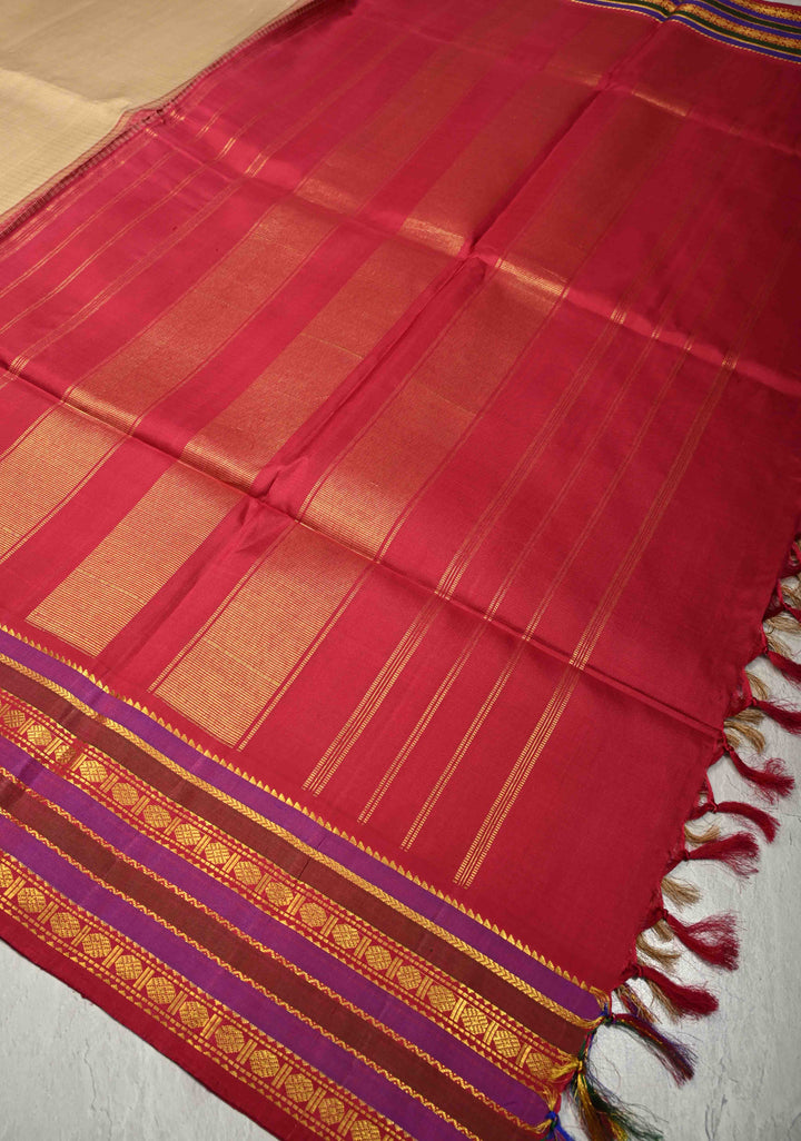 Beige-Khaki Color Gingham Checks on Kanchi Soft Silk Saree with Rudraksha Motifs and Veldhari Weave on Contrast Korvai Zari Border | SILK MARK CERTIFIED