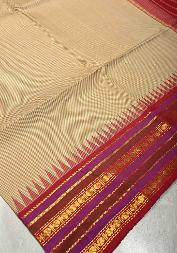 Beige-Khaki Color Gingham Checks on Kanchi Soft Silk Saree with Rudraksha Motifs and Veldhari Weave on Contrast Korvai Zari Border | SILK MARK CERTIFIED